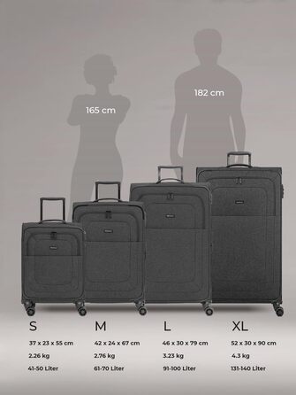 Набір тканинних валіз REDOLZ Essentials 12 (3 шт.), чорні дорожні Trolley з 4-ма подвійними колесами, TSA-замком та функцією розширення