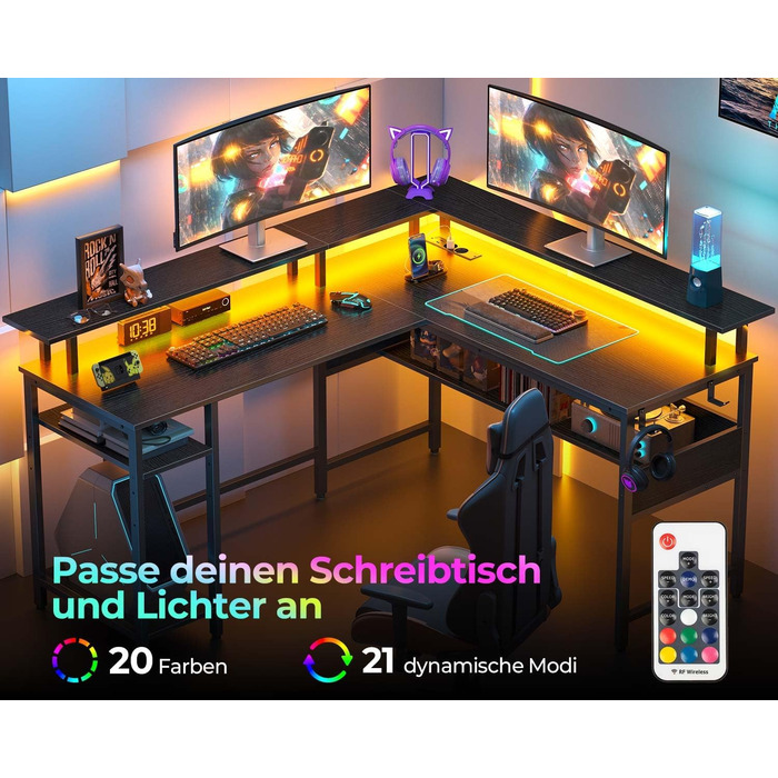 Роланстар Стіл ігровий L-подібний з LED та розеткою, 137 x 108 см, комп'ютерний стіл з підставкою для монітора та місцем для зберігання, реверсивний кутовий стіл для офісу, домашнього офісу (Білий) (Чорний)