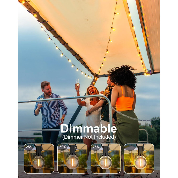 Світлодіодна гірлянда для зовнішнього використання, 60 м, G40 LED, вологостійка IP45, димерна, тепле біле світло (2700K), 104 пластикові лампочки, для декору саду, тераси, вечірки