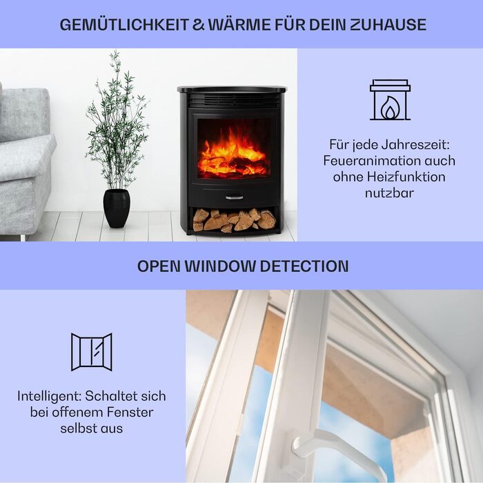 Електрокамін Klarstein Bormio S Smart, 1900 Вт, електричний обігрівач для вітальні, LED-імітація полум'я, з термостатом, таймером і пультом, чорний