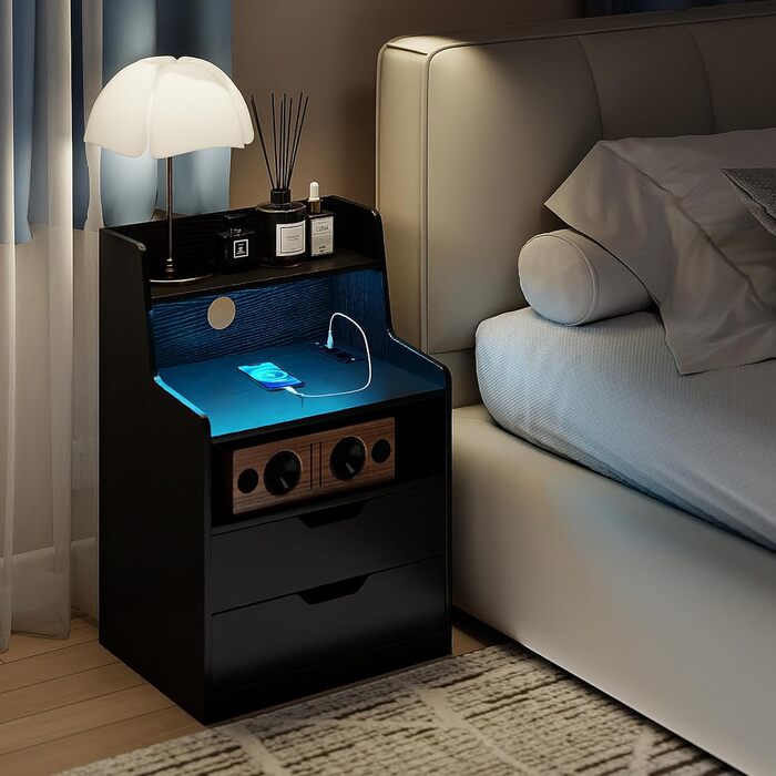 Нічний столик COSTWAY з LED-підсвіткою та зарядкою, 2 шухляди, відкриті полиці, пульт дистанційного керування, 45 x 35 x 72,5 см (Чорний)
