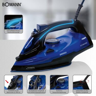 Праска з пароутворювачем Bomann DB 6038 CB, 2800 Вт, 7 функцій, LED-підсвітка ручки, підошва з 3D-кераміки, чорний/синій