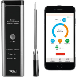 Бездротовий термометр для м'яса TFA Dostmann SMART BBQ з дальністю 70 м, для гриля/духовки/фритюрниці, миється в посудомийній машині, чорно-сірий