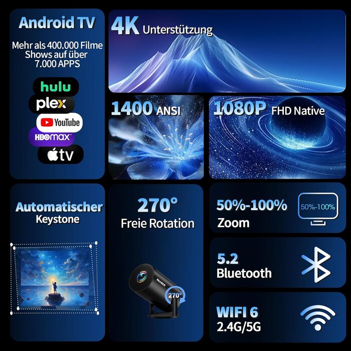 Beamer 4K: Міні проєктор з WiFi 6, Bluetooth 5.2, Android, 270° оберт, Auto Keystone, для PC/HDMI/USB, з мишкою та пультом, білий (20-Black)