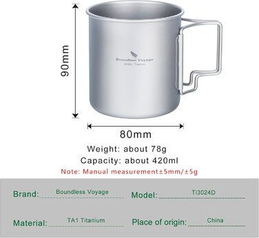 iBasingo Titan Becher - туристичний посуд, термокружка, чашка для кемпінгу з кришкою та складним ручками, 200-750 мл (Ti3024d-420ml)