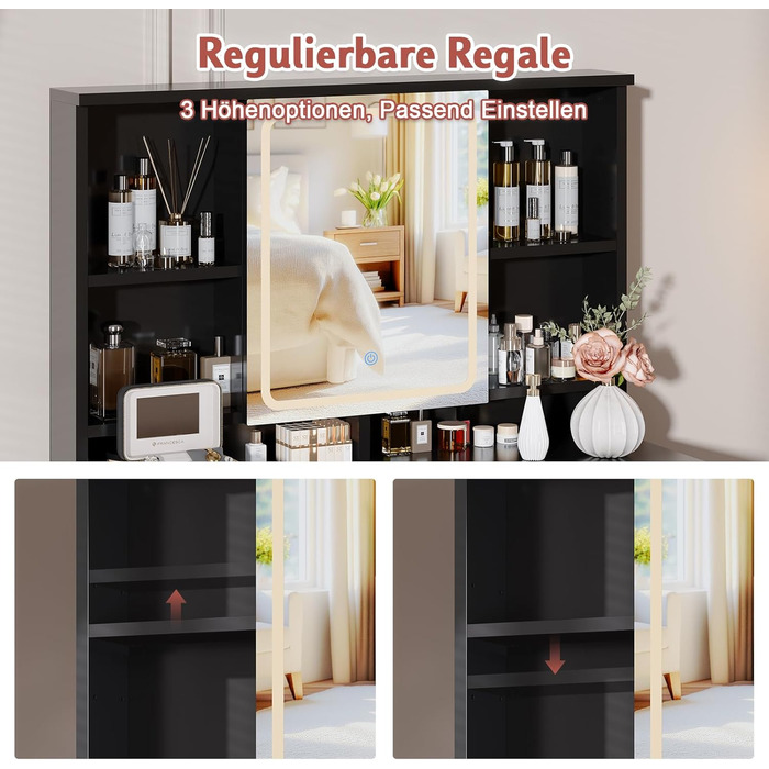 Дзеркальний туалетний столик JUMMICO з LED-підсвічуванням, 2 шухляди, 4 полиці, білий (чорний)