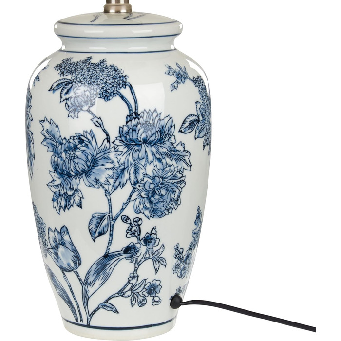 Настільна лампа Beluso з порцеляновою основою блакитно-білого кольору у формі вази та тканинним абажуром конічної форми