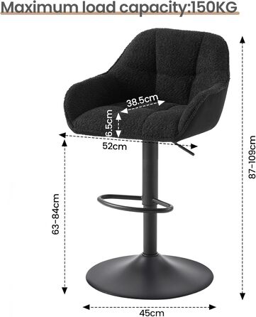 Набір з 2 барних стільців WOLTU, регульована висота, з підніжкою, обертаються, з м'яким сидінням, чорний, метал, Chenille Cord