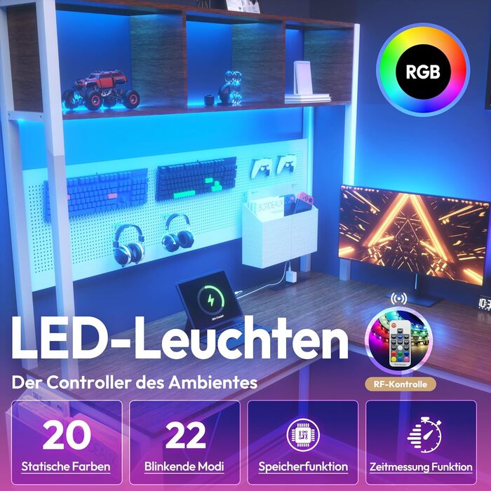 Ігровий кутовий стіл Dowinx з LED-підсвічуванням, 120x148 см, коричневий: з розетками, USB та місцем для зберігання