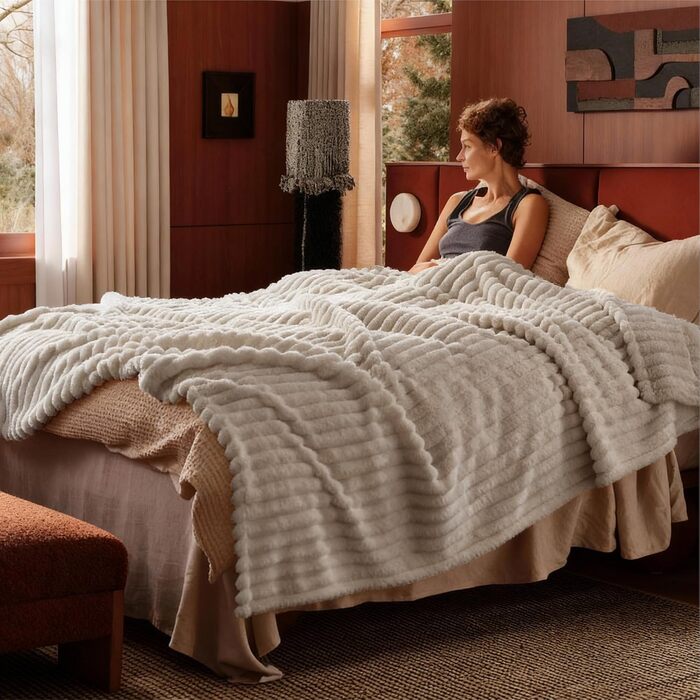 BEDSURE Плед-деко 220x240 см: теплий, м'який, великий плед для дому, бежевий | Плед для дивана, софи, кімнати | Плед з вовни та флісу