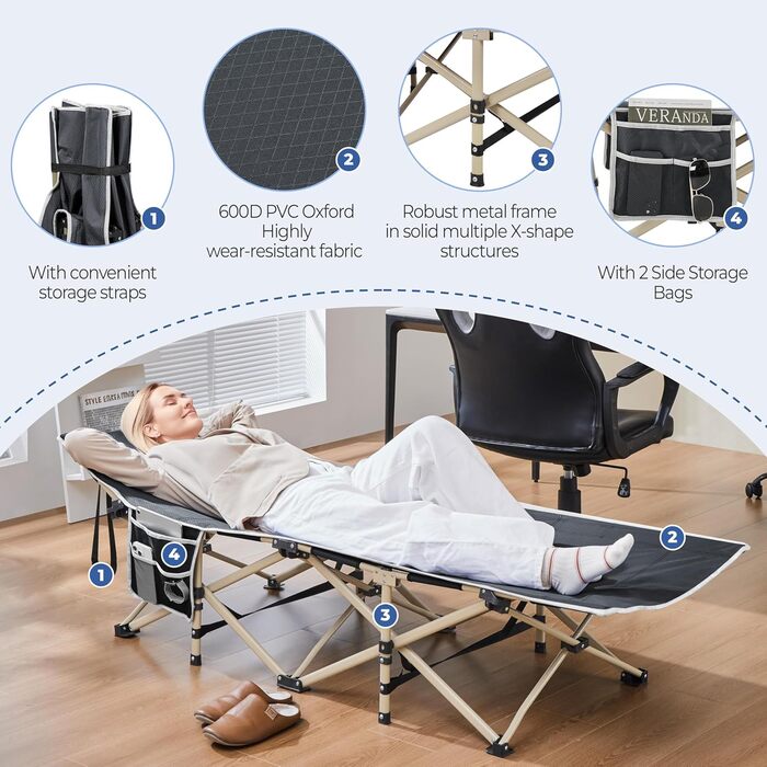 Розкладне ліжко для кемпінгу та відпочинку Yaheetech, похідне ліжко-шезлонг з кишенею та сумкою для транспортування, сіре, до 150 кг