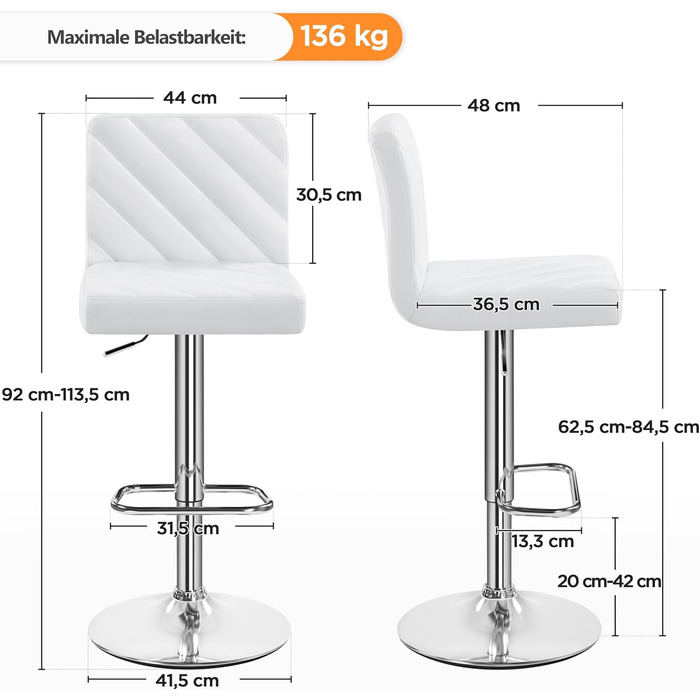 Барні стільці Yaheetech 2 шт. регульовані по висоті, обертаються, 62,5-84,5 см, 136 кг, з штучної шкіри та сталевим каркасом, для кухні/бару, білий (без підлокітників)
