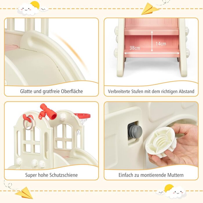 Дитячий ігровий комплекс COSTWAY 6-в-1: гірка, драбинка, баскетбольний кошик, кільця, тунель, телескоп (Рожевий)