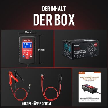 Зарядний пристрій для акумулятора Nexpeak NC175: 6V/12V, 1.75A, Smart, для автомобілів