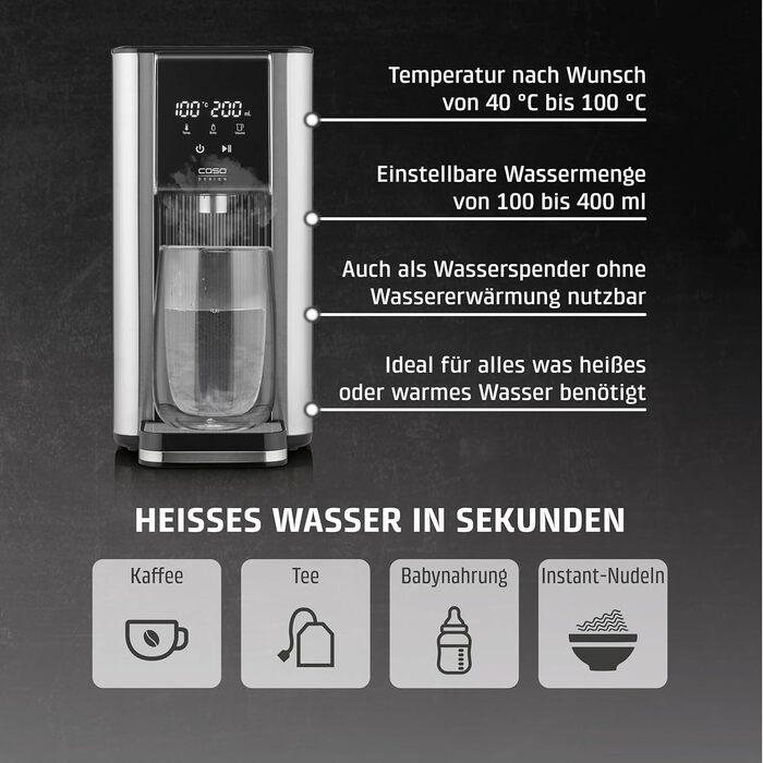 CASO HW 620 - Нагрівач води, 2600W, 40-100°C, 7 режимів подачі, бак 2,5л, економія енергії, функція для дітей, нержавіюча сталь, фільтр для води, нагадування про декальцинацію