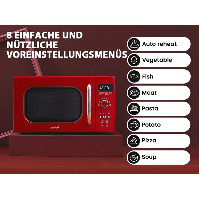 Мікрохвильова піч Comfee CMSRO 20 di rd Retro з 8 автоматичними меню, 5 рівнями потужності, кнопкою скороварки, 20 л, 800 Вт, пристрасний червоний ретро червоний 20 л
