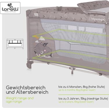 Дитяче ліжечко та манеж Lorelli 3 в 1, Moonlight 2 рівні з боковим входом, ліжечко від народження до 15 кг, складне дитяче дорожнє ліжечко зі вкладишем для новонародженого, пеленальний килимок, коліщатка та сумка, бежевий