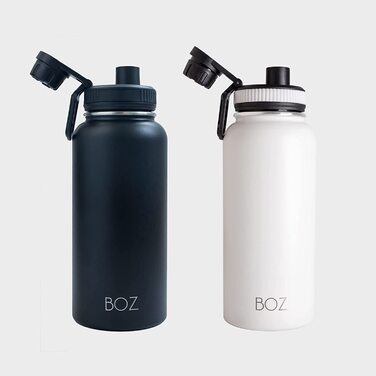Пляшка для пиття з нержавіючої сталі BOZ XL (1 л / 32 Унції) з широкою шийкою, без бісфенолу А, з вакуумною ізоляцією з подвійними стінками (2 упаковки чорно-біла)