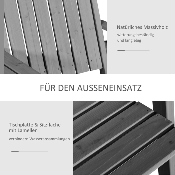 Комплект садових меблів: лавка з інтегрованим столом, 2 стільці, з отвором для парасольки. Виготовлений з масиву дерева, колір - сірий. Розміри: 152 x 70 x 83 см.