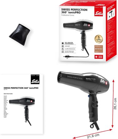 Фен Solis Swiss Perfection 360º ionicPRO 440 з іонізацією, поворотний шнур, насадка для укладки, чорний