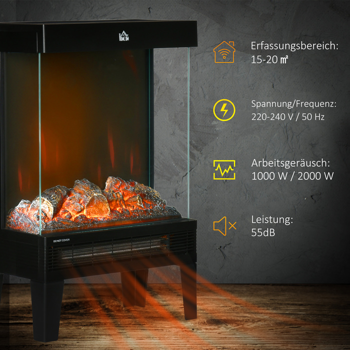 Електрокамін HOMCOM, 2000 Вт, підлоговий камін з обігрівом та світлодіодним 3D-ефектом полум'я, 4 рівні яскравості, електричний камін з термостатом, захистом від перегріву, чорного кольору
