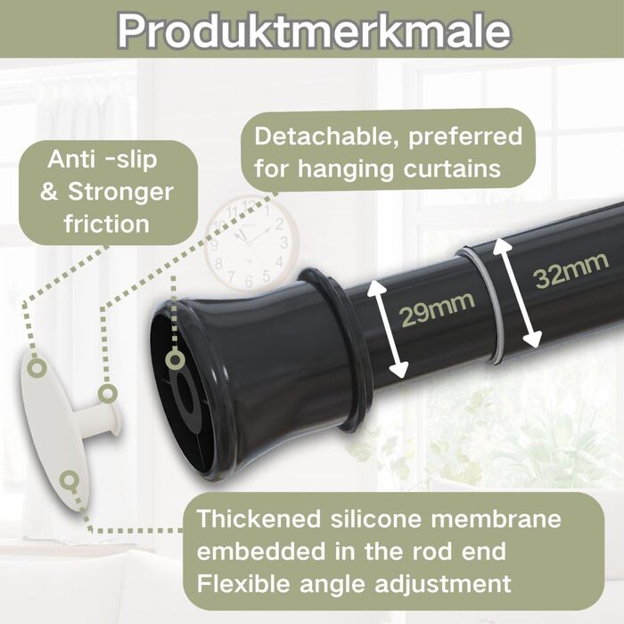 Телескопічний карниз для штор без свердління та гвинтів, розсувна штанга для ванної кімнати, гардероба та DIY-проєктів, 190-410 см, діаметр 32 мм, чорний