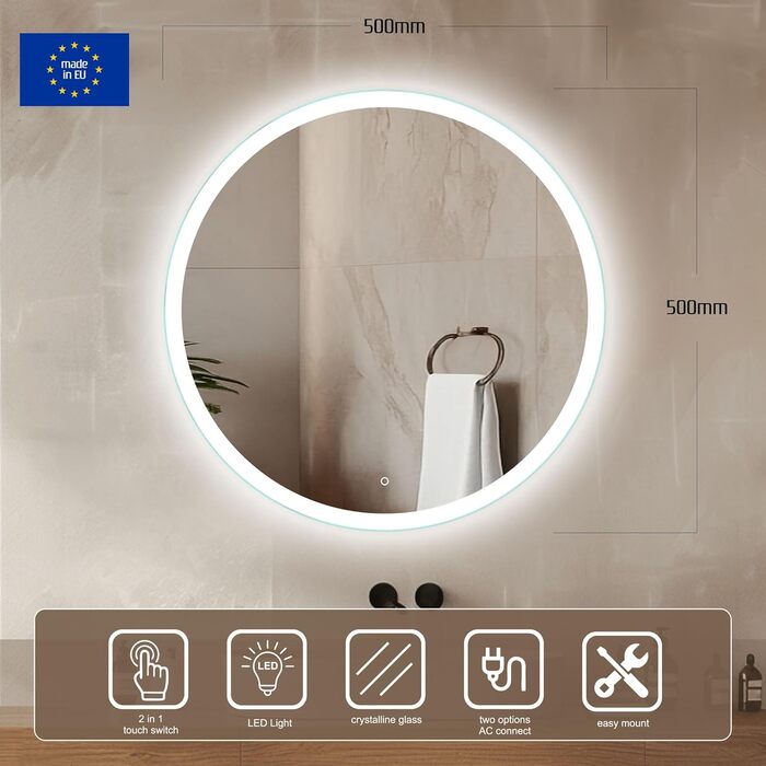 Дзеркало для ванної кімнати Venti 60 см з підсвічуванням, LED дзеркало для ванної, кругле настінне дзеркало з білим світлом, сенсорне керування (50x50 см)