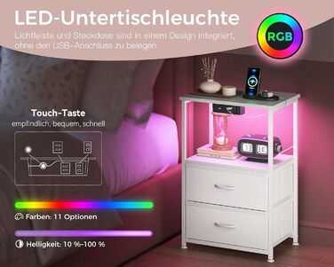 Приліжкова тумбочка Coleshome біла з USB, розеткою та LED-підсвіткою, 2 висувні ящики та полиця, для невеликих спалень, 40x30x60 см, в упаковці 1 шт.