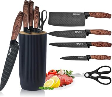 Набір кухонних ножів, 6 шт., чорний, гострий, з антипригарним покриттям, нержавіюча сталь, з підставкою для ножів (чорний)