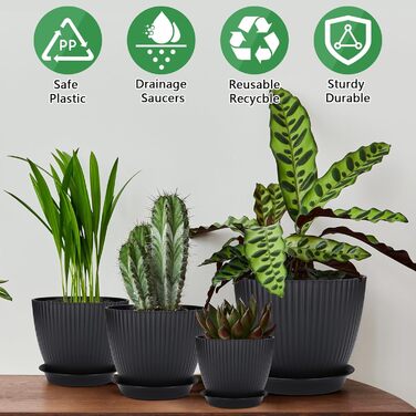 Набір горщиків для квітів з пластику, 8 шт. з отворами, круглі підставки, горщики для кактусів та трав, набір для офісу, балкону, саду, сукулентів, чорний