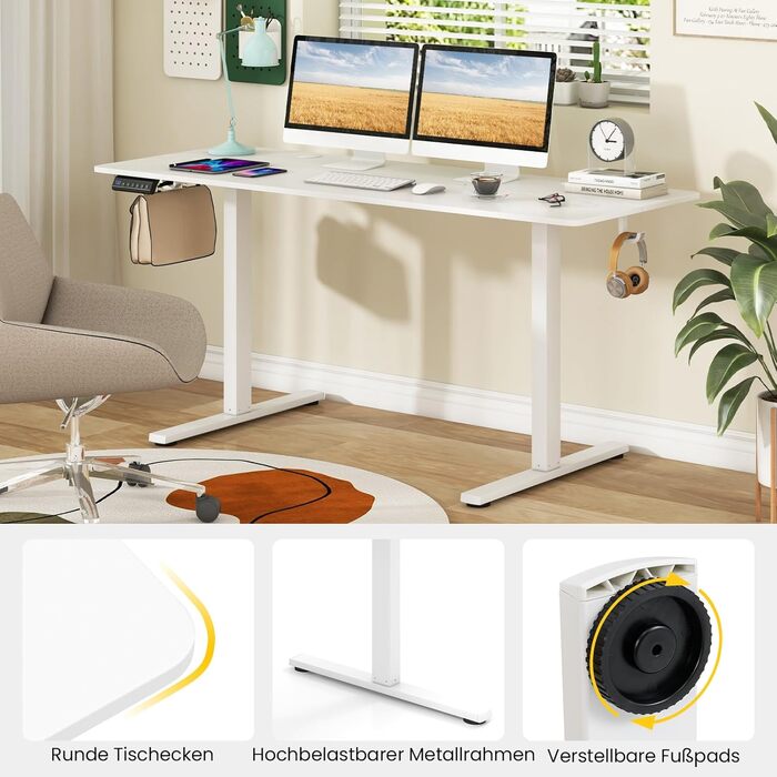 Електричний регульований стіл GYMAX 160x60 см з 3 рівнями пам'яті та системою антиколізії, білий. Комп'ютерний стіл з гачками та отворами для кабелів