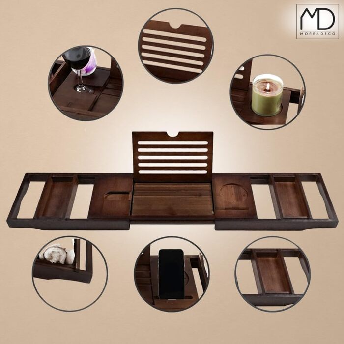 Підставка для ванни ZOLTA - дерев'яна підставка для ванни з тримачем для планшета/книги - підставка для ванни з тримачем для келихів та чашок - для домашнього релаксу - з бамбука, 75-110 x 23 см