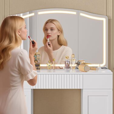 Великий туалетний столик AOGLLATI з великим дзеркалом та регульованою LED-підсвіткою, 3 висувні ящики та 2 шафки. Сучасний туалетний столик для спальні (білий)