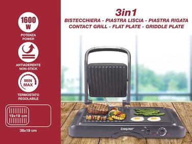Електрогриль BEPER 90.871 з кришкою, антипригарне покриття, нержавіюча сталь, чорний (1600 Вт)