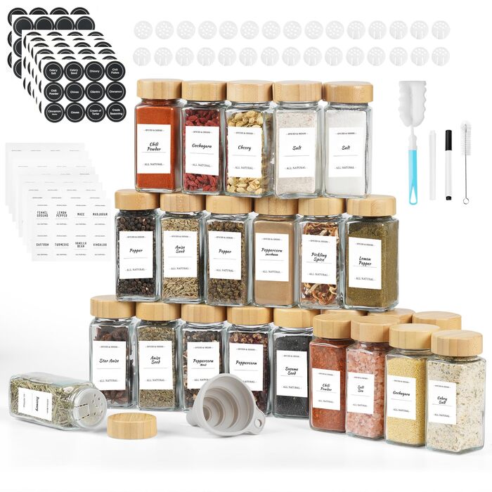 Набір скляних банок для спецій FRIBERG, 20 шт. з дерев'яними кришками, млини для спецій, етикетки
