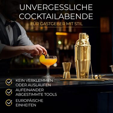 Набір для коктейлів Cobbler 700 мл з нержавіючої сталі, без розливання, професійний шейкер для коктейлів з підставкою та рецептами, набір для барменів (стартовий, золотий)