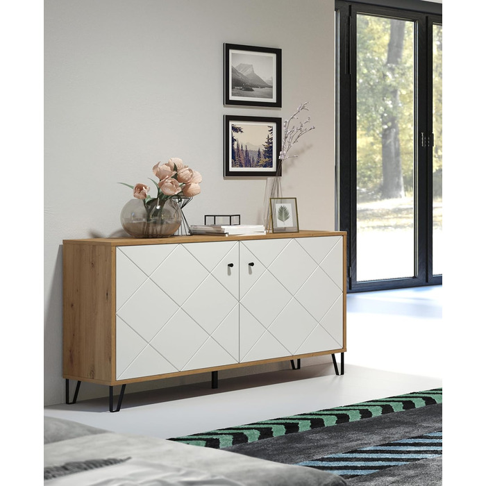 Тумба Trendteam Smart Living Touch Artisan Eiche/Weiß з 2 дверцятами та 4 відділеннями (123 x 76 x 40 см) - житловий шафчик з металевими ніжками