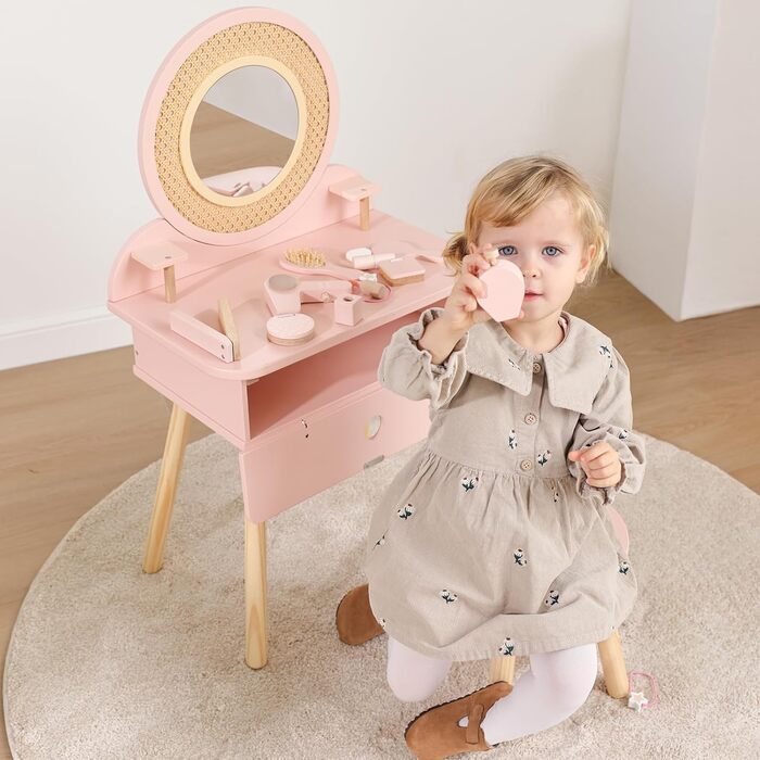 Дитячий туалетний столик OOOK для дівчаток з дзеркалом та табуретом, рожевий, з дерева