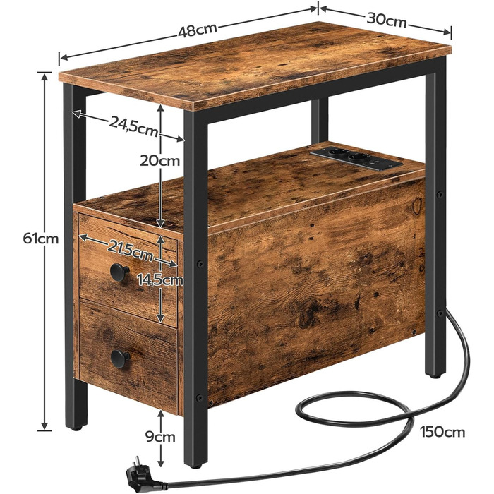Журнальний столик HOOBRO із зарядною станцією, 2 ящики, порт USB, розетка, темно-коричневий, вінтажний коричневий
