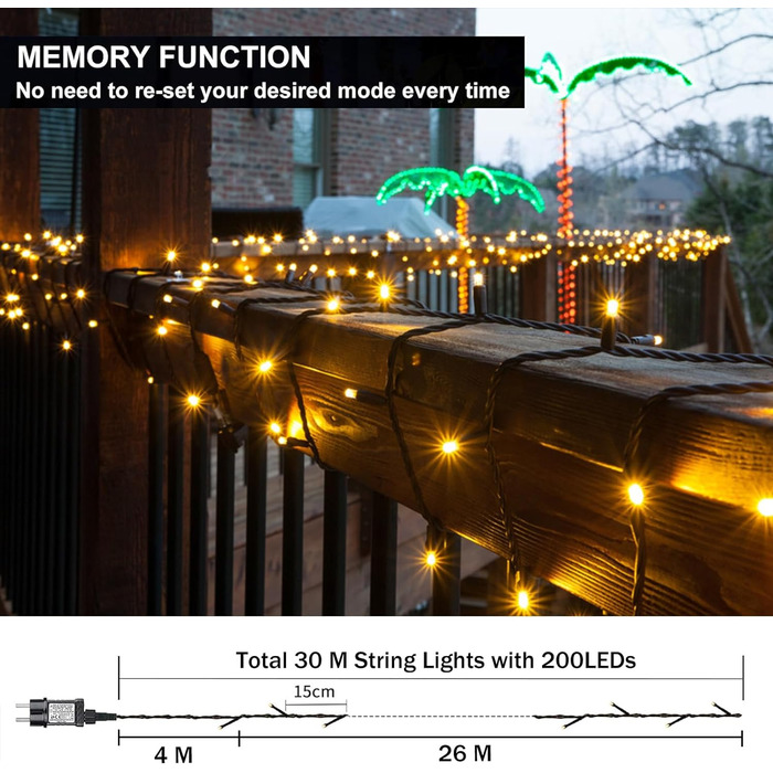 Ялинкові гірлянди Yogle, 15M 100 світлодіодів, зовнішні, пульт дистанційного керування, таймер, водонепроникні, садові різдвяні прикраси (теплий білий, 30,0 м)