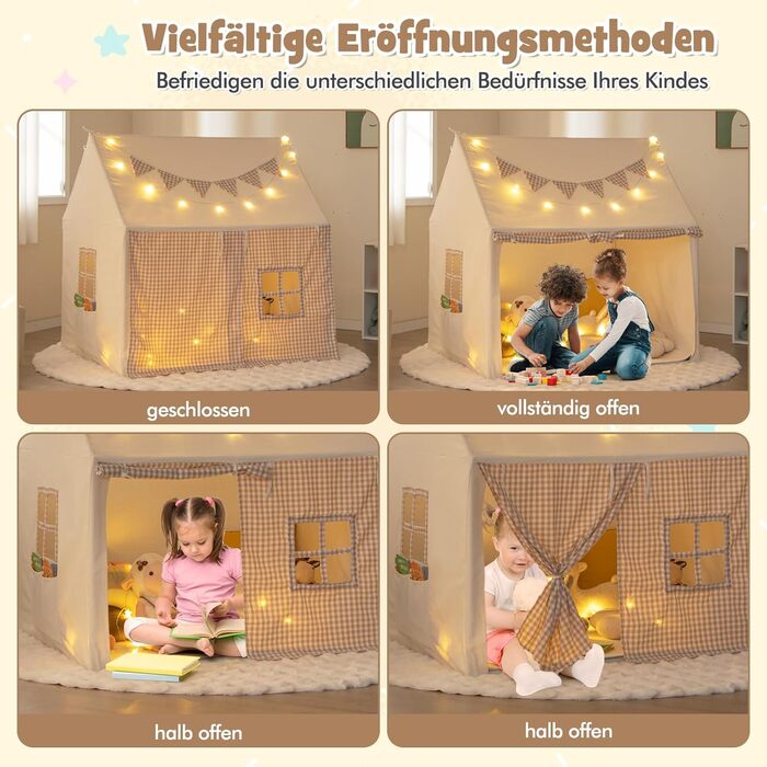 Дитячий намет GOPLUS з м'яким килимком, зірками та китицями, ігровий будиночок для дому та вулиці з вікнами, дверима та кишенями, для дітей від 3 років (Бежевий)