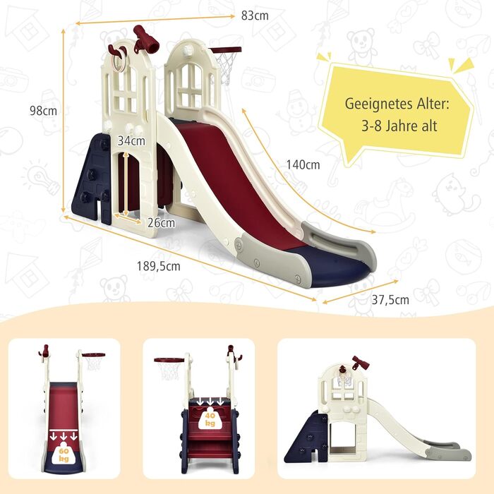 Дитячий ігровий комплекс COSTWAY 6-в-1: гірка, драбинка, баскетбольний кошик, кільця, тунель, телескоп - блакитний, для дітей від 3 років