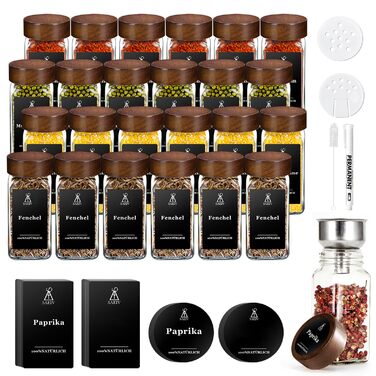 Набір скляних банок для спецій з кришками з акації | 24 шт. | 120 мл | Організатор для кухні