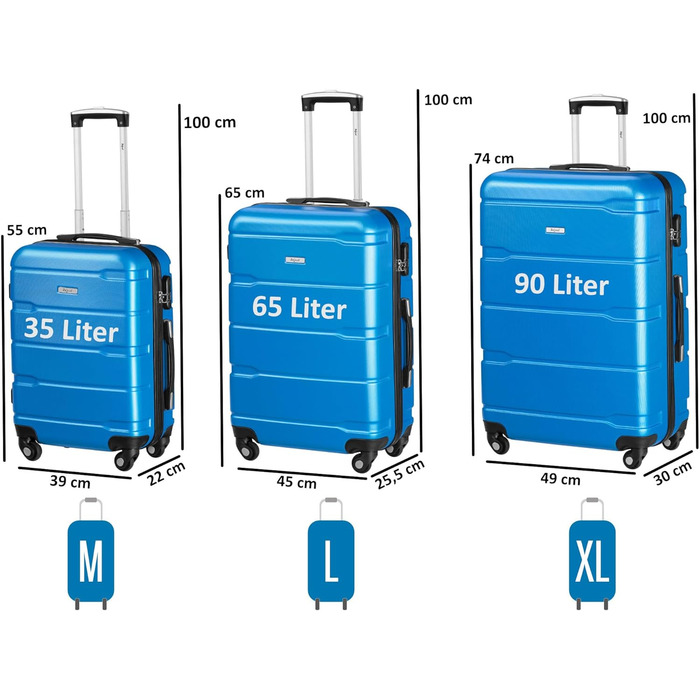 Набір валіз Zelsius 4 шт. з ABS, з кодовим замком, 4 колеса, внутрішній роздільник | Набір валіз з твердим корпусом, велика валіза, дорожній набір, ручна валіза (Блакитний, 3 шт.)
