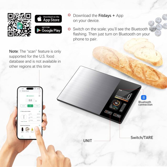 Розумна кухонна вага з підрахунком калорій та Bluetooth: відстежує 20 поживних речовин, точність 1 г, функція тари, для схуднення, фітнесу та підготовки їжі
