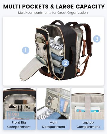 Рюкзак LOVEVOOK для ручної поклажі літака, жіночий водонепроникний рюкзак для подорожей з відділенням для взуття, 17-дюймовий рюкзак для ноутбука, 40L, 45x36x20, ручна поклажа, чорний + бежевий + каштановий