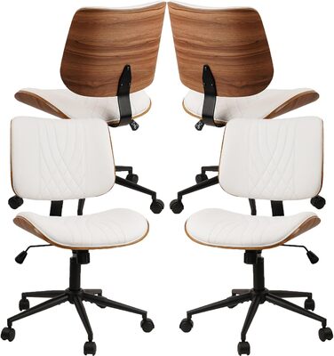 Крісло офісне без підлокітників Clatina з роликами, регульоване по висоті, шкіряне, поворотне, для комп'ютера, середньою спинкою, сучасний стиль горіхового дерева, для home office, робочого кабінету, конференц-залу, біле (білий, набір 4 шт.)