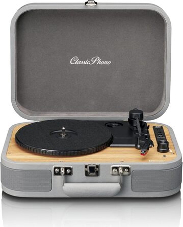 Програвач вінілу Lenco Classic Phono TT-116 Bluetooth, 3 швидкості, вінтажний стиль, RCA вихід, стерео динаміки, сірий