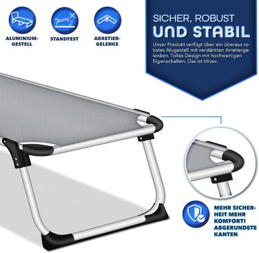 Сонячне ліжко Tillvex® з дахом та подушкою для голови | Садове ліжко, розкладний шезлонг | Пляжне ліжко з регульованою спинкою | Алюмінієве ліжко (Базовий рівень, сірий)