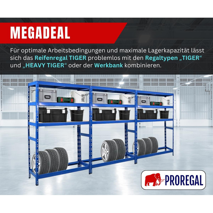 Стеляж для шин PROREGAL Tiger XL, 200x180x45 см, 300 кг на полицю, до 205/55 R16, для автосервісу, складу, підвалу (6 шин + 6 полиць, блакитний)